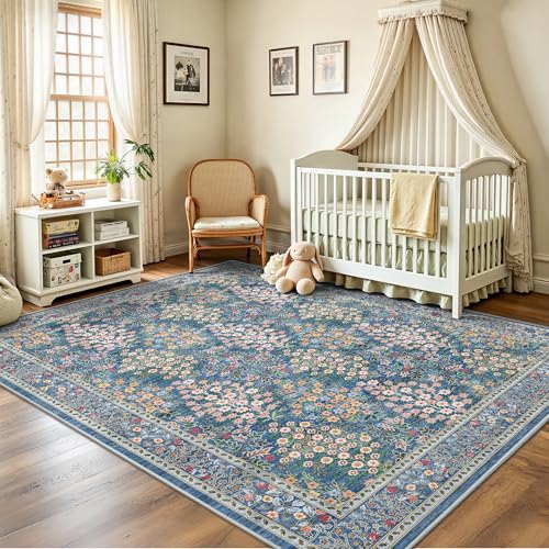 6x9 Area Rugs, Washable Floral Area Rugs for Living Room, Indoor Area Rug for Bedroom, Dining Room, Low Pile Non-Slip Non Shedding Rug(Blue Floral)