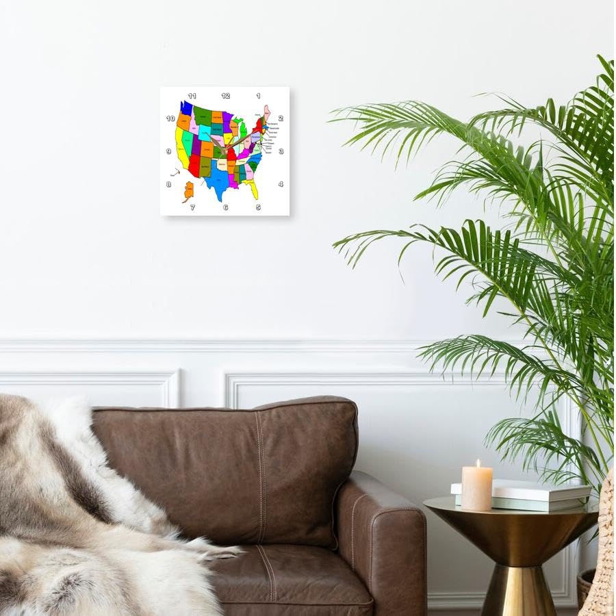3D Rose DPP_80586_2 3dRose Colorful Map of The United States for Kids - Wall Clock, 13 by 13"