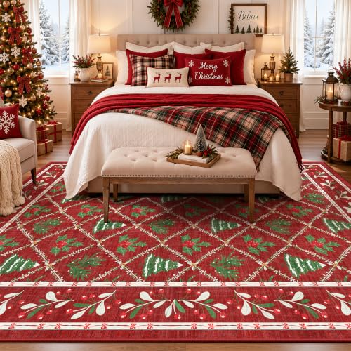 Red Christmas Rug 5x7 for Living Room, Bedroom, Playroom, Nursery Room Machine Washable Low Pile with Non-Slip Backing Christmas Decor for Home (Xmas Red)