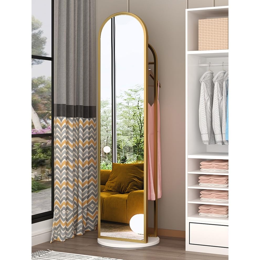 Decorative Home Bedroom Floor-Standing Dressing Mirror Full-Length Hanging Clothes Hanger Integrated 360° Rotating Light Luxury Fitting for Living Room