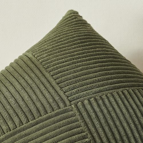 Topfinel Olive Green Decorative Throw Pillow Covers Set of 2 18x18 Inches for Couch Bed Sofa, Boho Aesthetic Home Decor, Soft Corduroy Striped Patchwork Windmill Textured Cushion Cases 45x45 cm
