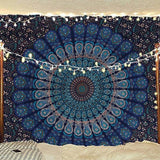 Bless International Handmade Indian hippie Bohemian Psychedelic Peacock Mandala Wall hanging College Dorm Beach Throws Table Cloth Bedding Tapestry (Blue Green, Medium(54x60Inches)(137x152cms))