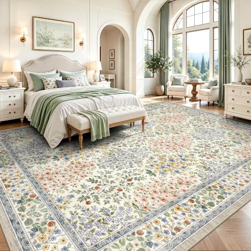 10x14 Large Area Rugs, Machine Washable Low Pile Floral Rugs for Living Room, Bedroom, Boho Style with Non-Slip Backing Nursery Rug(Beige Floral)