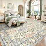 10x14 Large Area Rugs, Machine Washable Low Pile Floral Rugs for Living Room, Bedroom, Boho Style with Non-Slip Backing Nursery Rug(Beige Floral)