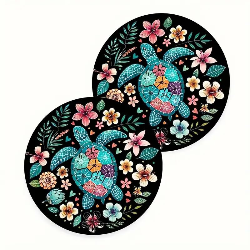 2pcs Turtle Flowers Car Coasters, 2.75-in Ocean Blue Theme Car Cup Holder Coaster Mats for Car Vehicles & Home Desk, Car Interior Accessories for Women & Men