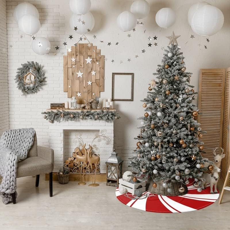 48 Inch Red Swirl Christmas Tree Skirt Sweet Candy Cane Red and White Ornaments Home Party Decoration