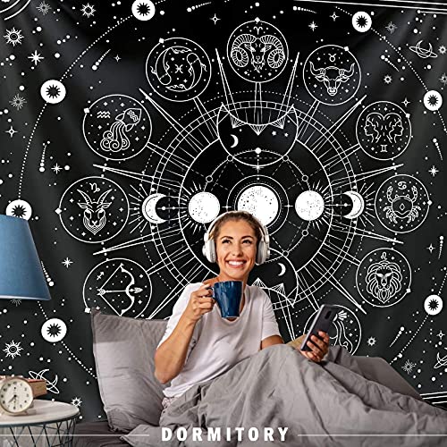 Zodiac Astrology Tapestry - Black and White Constellation Wall Hanging for Teen Girl's Bedroom, Living Room, Dorm (51x59 inches)