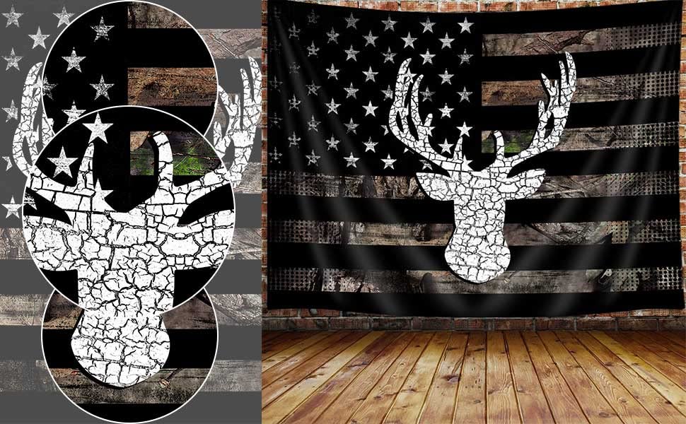 VEIGIKE American Flag Hunting Tapestry, Western Black and White Country Deer Tapestry Wall Hanging for Men Bedroom Room, Rustic Camo Tapestries Poster Blanket College Dorm Home Decor 60X40 Inches