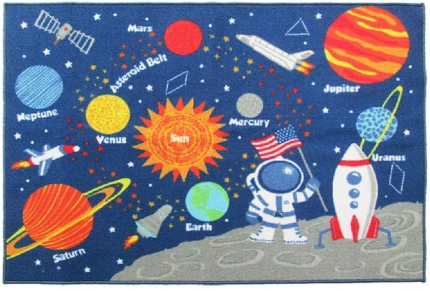 HUAHOO Kids Rug Educational Learning Carpet Galaxy Planets Stars Blue Children's Fun Area Rug Nursery Rugs Solar System Rectangle Rug (Stars, 32"x47")