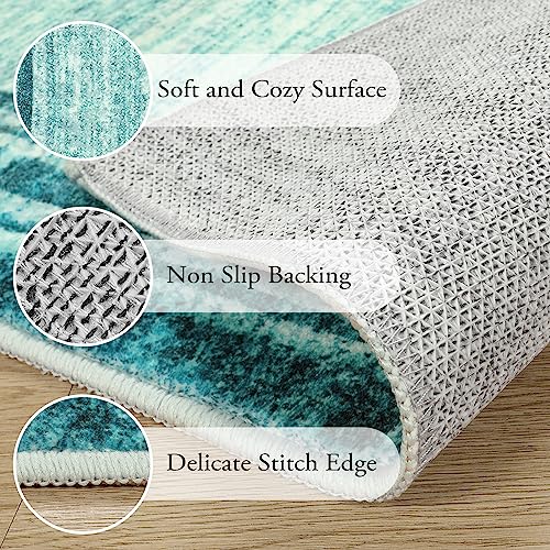 Lahome Modern Abstract Runner Rug, Washable Teal 2x6 Entryway Rug Runners Non Slip Hallway Runner, Low-Pile Soft Bathroom Runner Rug 6ft Kitchen Carpet Runner for Laundry Bedroom