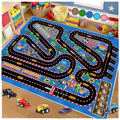 Kids Car Rug for Play Toy Cars, 31''x47'' Race Track Playmat Carpet Kid Play Road Rug for Playroom Classroom Kids Room,Karting Road Racing Track Floor Mat Rugs for Bedroom.