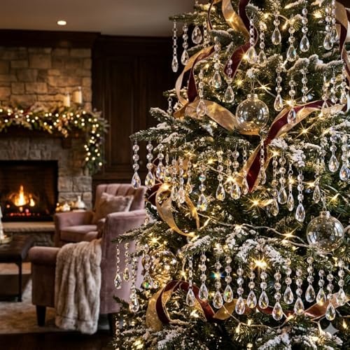 HOHIYA Crystal Christmas Ornaments Set 30PCS Clear Acrylic Hanging Icicle Prisms and Bead Garland for Christmas Tree Wedding Chandelier Window Party Holiday Decorations