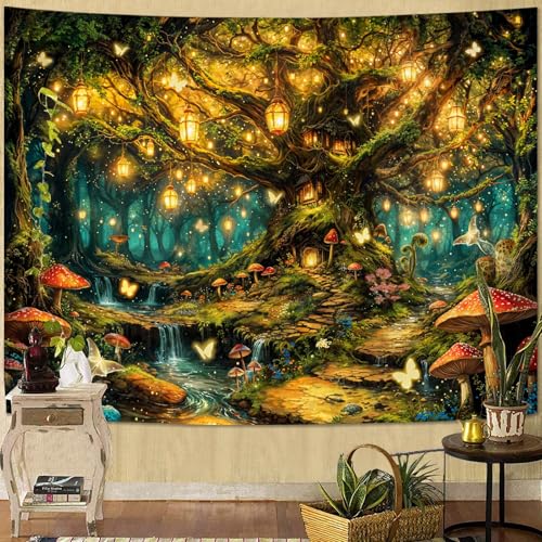 Kanuyee Enchanted Life Tree Forest Tapestry, Luminous Fairy Tale Wall Hanging for Room Decor, Dreamy Nature Home Decor 80L x 60W