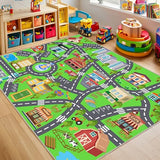 Kids Room Rug - Soft & Non-Slip 4x5 Ft Town Car Rugs City Map Play Mat, Childrens Road Carpet Washable Playmat for Classroom Nursery Bedroom Boys