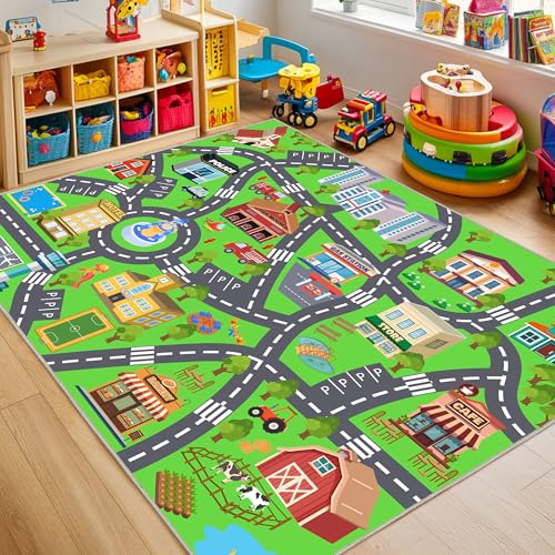 Kids Room Rug - Soft & Non-Slip 4x5 Ft Town Car Rugs City Map Play Mat, Childrens Road Carpet Washable Playmat for Classroom Nursery Bedroom Boys