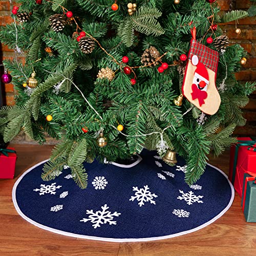 N&T NIETING Christmas Tree Skirt, 30 Inch Rustic Burlap Tree Skirt with Snowflakes Printed Christmas Tree Mat for Xmas Holiday Party Decoration, Dark Blue