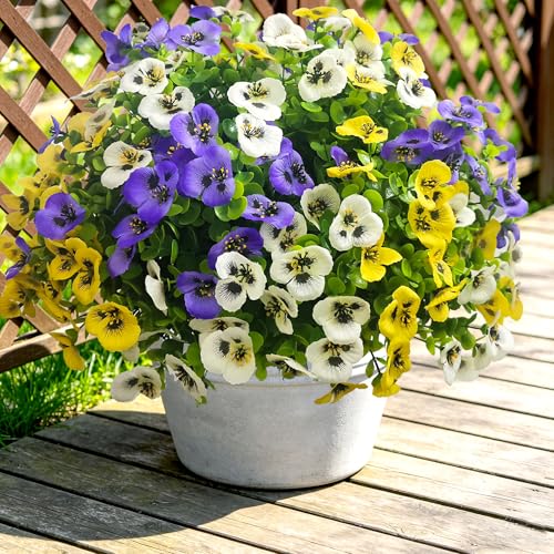 Artificial Flowers for Outdoors Faux Plants, 14 pcs Realistic Fake Pansies Silk Flowers UV Resistant, Lifelike Faux Outdoor Flowers for Porch Garden Patio Window Box Decor