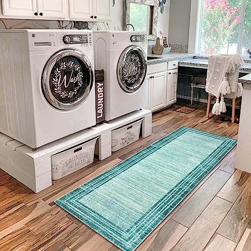Lahome Modern Abstract Runner Rug, Washable Teal 2x6 Entryway Rug Runners Non Slip Hallway Runner, Low-Pile Soft Bathroom Runner Rug 6ft Kitchen Carpet Runner for Laundry Bedroom