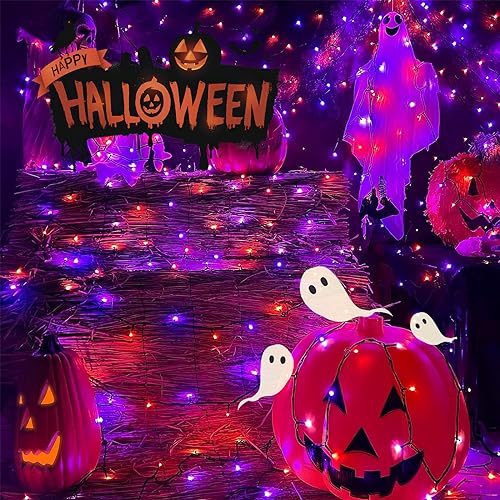 ITICdecor 33ft 100 LED Halloween Lights, Purple & Orange Halloween String Lights Waterproof Battery Operated, 8 Modes Decorative Lights for Indoor Outdoor Party Garden