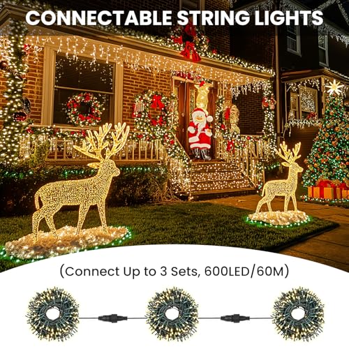 JTSIOV Christmas Tree Lights, 65FT/20M 200 LED Christmas Lights Plug in, 8 Modes Waterproof Outdoor Lights Indoor, Memory Function, Connectable String Lights for Party, Patio, Wedding (Warm White)
