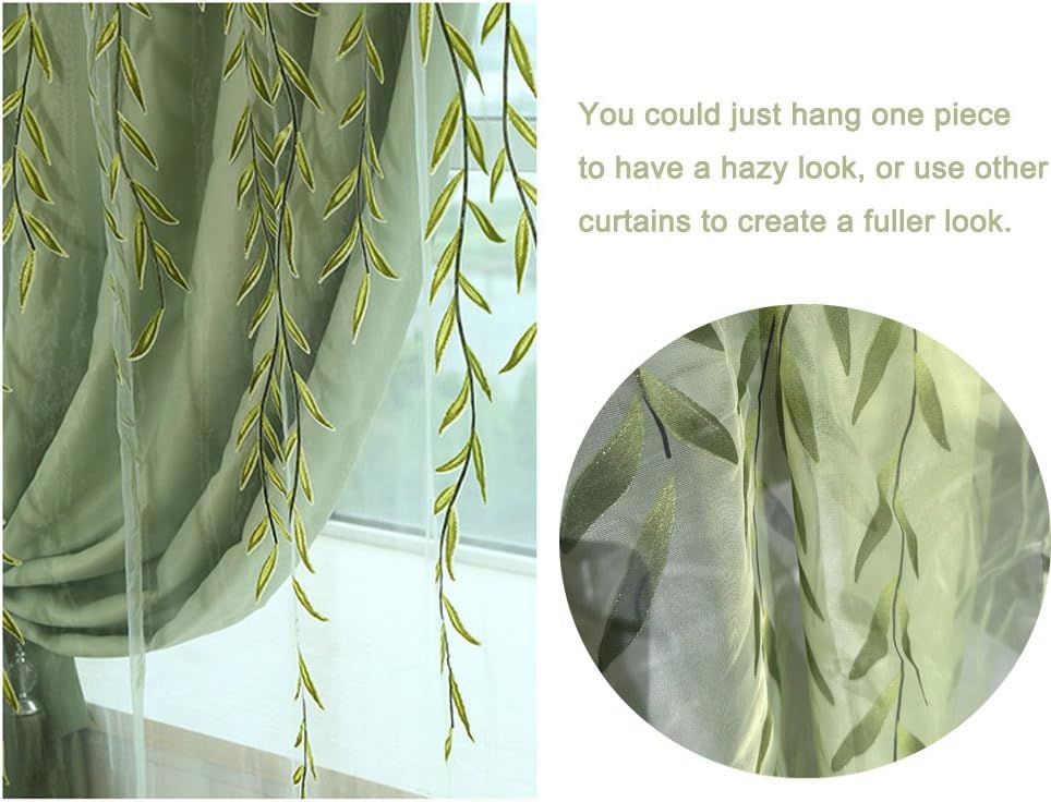 Ufurty 2 Pieces Willow Window Curtain Voile Tulle Room Salix Leaf Sheer Gauze Panel Drapes Green Color for Living Room, Bedroom, Balcony