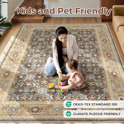 Washable Area Rug 5x7 Non-Slip Floral Boho Carpet, Floral Brown