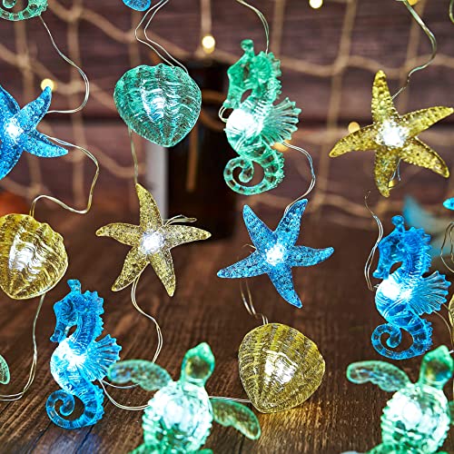 Nautical Theme Ocean Décor Beach Decorative String Lights Outdoor Seahorse Sea Turtle Starfish Shell Cute Marine Life Novelty Night Lights 30LED 10ft Battery Operated