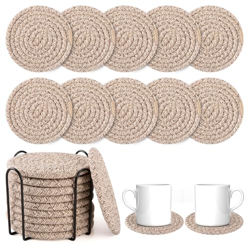 OIAHOMY 10 Pcs Drink Coasters with Holder, Boho Cotton Woven Coaster Set, Absorbent Coaster Protection for Various Cups, Ideal for Coffee Tables Home Decor and Gift, 4.3 Inches, Brown