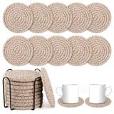 OIAHOMY 10 Pcs Drink Coasters with Holder, Boho Cotton Woven Coaster Set, Absorbent Coaster Protection for Various Cups, Ideal for Coffee Tables Home Decor and Gift, 4.3 Inches, Brown