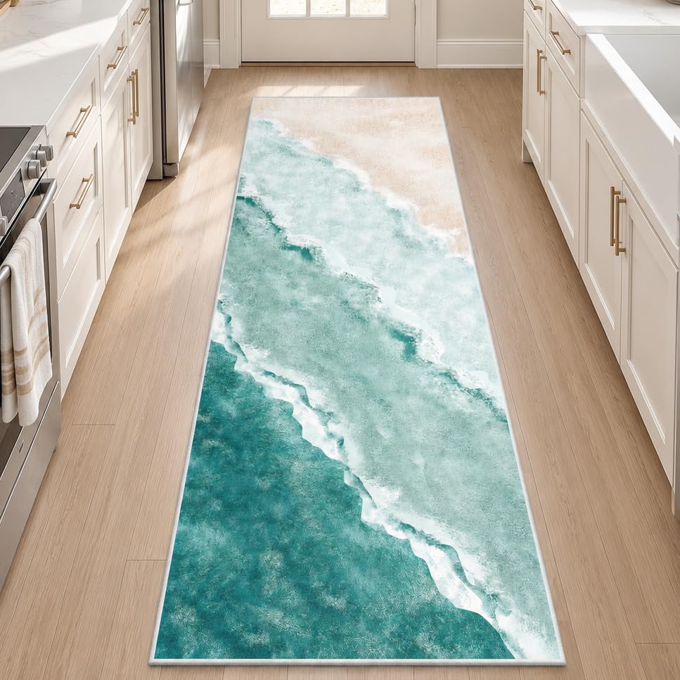 Beach Pattern 2x6ft Runner Rug Non Slip Washable Kitchen Runner Rug with Rubber Backing，Low-Pile Soft Washable Runner Rugs for Hallway Entryway Kitchen Bedroom Living Room Bathroom, Teal