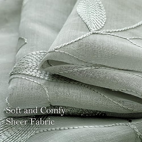 HOMEIDEAS Sage Green Sheer Curtains 52 X 63 Inches Length 2 Panels Embroidered Leaf Pattern Pocket Faux Linen Floral Semi Sheer Voile Window Curtains/Drapes for Bedroom Living Room