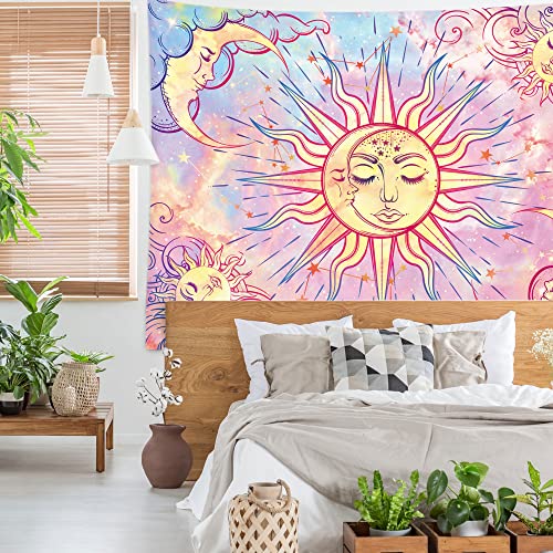 Ohjijinn Pastel Pink Burning Sun Tapestry - Mystic Celestial Sun and Moon with Stars - Psychedelic Hippy Tie Dye Wall Hanging for Party Home Decor (Pastel, 51.2" x 59.1")