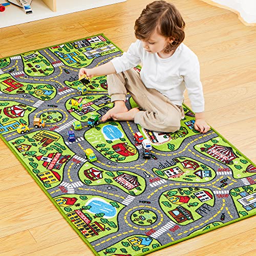 JOYIN Kids Play Rugs - 12 Pull-Back Vehicle Set - Durable Carpet Playmat Rug - City Pretending Play - Toddler Car Track Rug