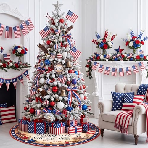 250th Anniversary Tree Skirt, 47'' 4th of July Tree Mat Patriotic Decorations American Flag Eagle Independence Day Christmas Holiday Party Decor Supplies