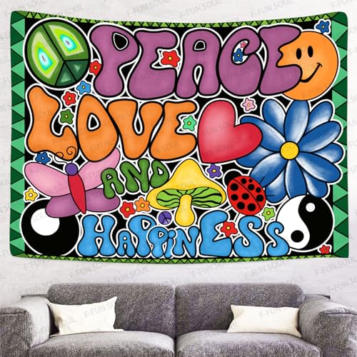 F-FUN SOUL Peace Love and Happiness Tapestry, 60x40inches Soft Flannel, 70s Theme Party Tapestries Hippie Aesthetic Tapestry Wall Hanging for Bedroom Living Room Decor GTZYFS915