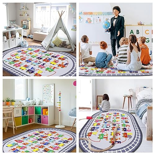 Small Playroom Rug, Kids Playmat ABC Alphabet, Numbers, Train and Road Themed Play Mat Educational Floor Carpet for Classroom Kids Bedroom Decor,Grey, 3'3" x 5'