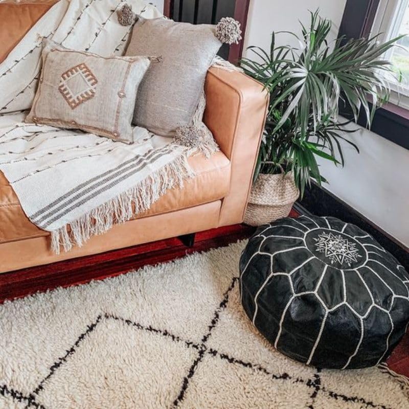 Genuine Leather Moroccan Ottoman Unstuffed Round Pouf - Black Color