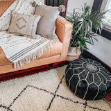 Genuine Leather Moroccan Ottoman Unstuffed Round Pouf - Black Color