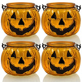 Halloween Candle Holders Set of 4, SHMILMH Tealight Votive Candle Holders with Grimace, Metal Hanging Pumpkin Jack O Lanterns Decorative Halloween Table Centerpiece Orange