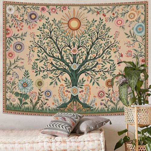 Lunerfex Chakra Tree Wall Tapestry - Celestial Sun & Floral Wall Hanging for Bedroom and Living Room - Boho Spiritual Decor Tapestries 48"x36"