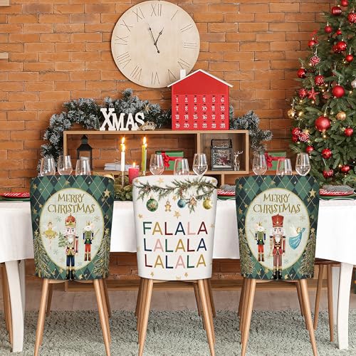 Christmas Chair Covers Set of 6 Green Nutcracker Christmas Tree Chair Back Covers Holiday Dining Chair Slipcovers Protector Kitchen Dining Room Decor Festival Party Decoration