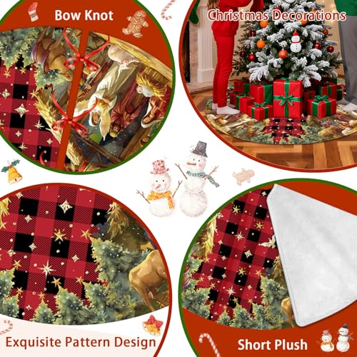 Nativity Christmas Tree Skirt 36 Inch, Christmas Skirt Tree Decoration with Buffalo Plaid Nativity, Christmas Trees Mat for Under Trees Holiday Party Indoor Decorations, Winter Gift for Women