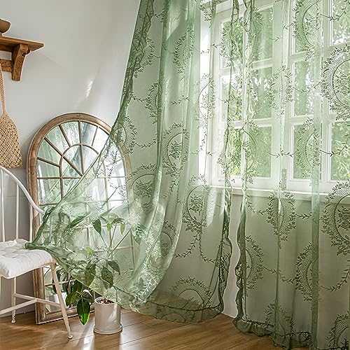 Sutuo Home Olive Green Lace Sheer Curtains 84 Inches Long for Bedroom Living Room Nursery,Rose Floral Embroidery Ruffled Vintage Chic Window Treatment Privacy Drapes, Rod Pocket,W57 x L84, 2 Panels