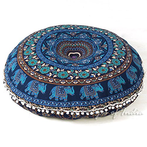 Mandala Floor Pillow Cover Meditation Cushion Seating Throw Hippie Round Colorful Decorative Bohemian Indian Pouf Ottoman Handmade Cover ONLY (M1 Dark Blue, 32" x 32")