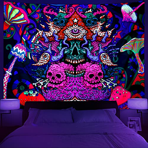 Leofanger Blacklight Skull Tapestry Aesthetic Backdrop Wall Hanging UV Reactive Colorful Hippie Black Light Tapestries for Bedroom home Decor (51.2 × 59.1 inches)