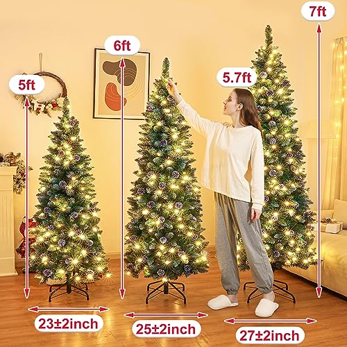 Homde Pencil Christmas Tree 6 Foot Pre-Lit Artificial Christmas Tree with Flocked Snow Pine Cone 160 Warm White Lights Holiday Decor