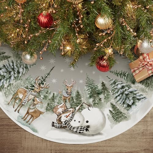 AVOIN colorlife Snowman Reindeer Snowflake Christmas Tree Skirt 48 Inch, Winter Holiday Tree Mat Decoration