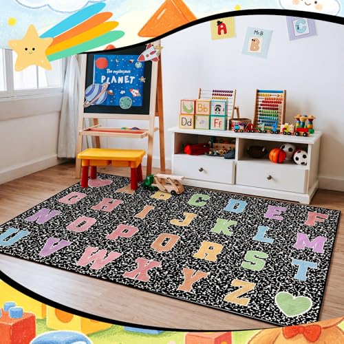 Dunzy 4.92 x 7.55 ft Classroom Rug Composition Notebook Alphabet Rug Pastel Back to School Reading Calming Corner Decor Composition Carpet for Teaching and Playroom