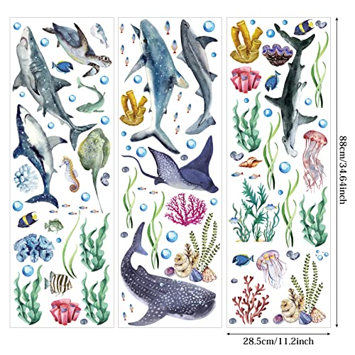 3 Pieces Large Watercolor Sharks Wall Decals Ocean Animal Peel and Stick Wall Sticker Under The Sea Marine Life Theme Decals Nursery Room Home Decor Party Supply, 11.2 x 34.6 Inches