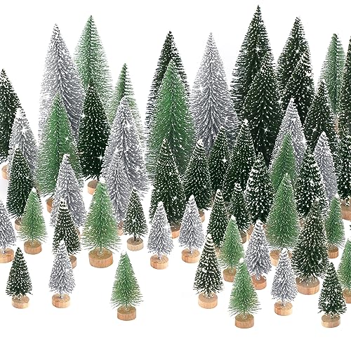 30Pcs Mini Christmas Tree Decor, Artificial Christmas Tree 5 Sizes,Mini Sisal Snow Frost Trees with Wooden Base for Christmas Decor Christmas Party Home Table Craft Decorations (A-Green/Silver)
